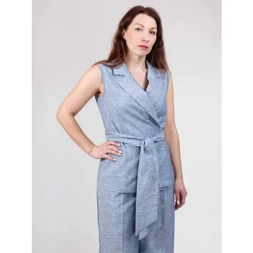 Блуза  KiS, повседневный стиль, полуприлегающий силуэт, без рукава, пояс/ремень, однотонная, размер (44)170-88-94, синий, голубой