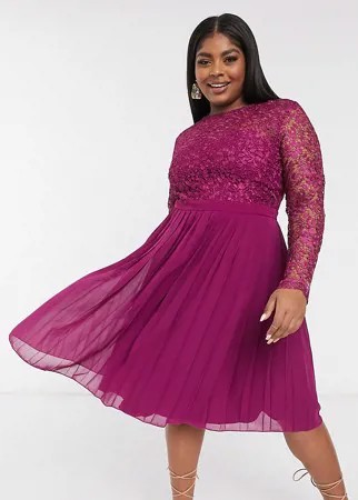 Плиссированное платье миди ягодно-розового цвета с кружевным верхом Chi Chi London Plus-Розовый цвет