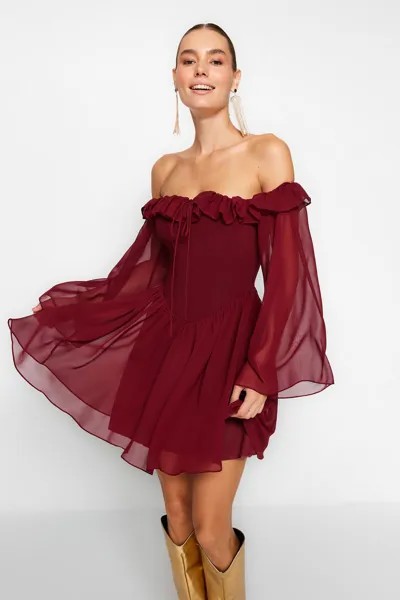 Бордовое элегантное шифоновое вечернее платье с открытой талией/коньковой подкладкой и воланами Trendyol, бордовый