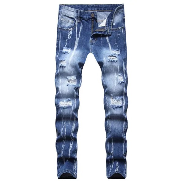 Мужские модные неэластичные синие джинсы, высококачественные зауженные рваные джинсы с дырками, уличные модные сексуальные джинсы, повседневные джинсы;