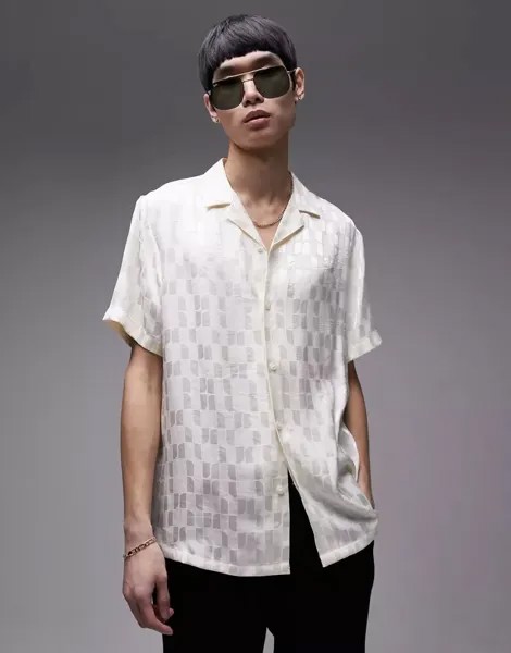Белая жаккардовая рубашка Topman с короткими рукавами, сетчатой ​​структурой, классическим кроем и воротником с лацканами