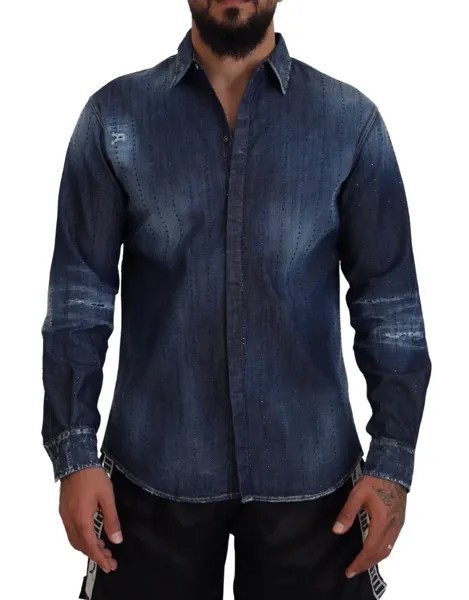 Рубашка DSQUARED2 Синяя рваная джинсовая ткань с украшением в виде кристаллов IT48/US38/M Рекомендуемая розничная цена 1250 долларов США