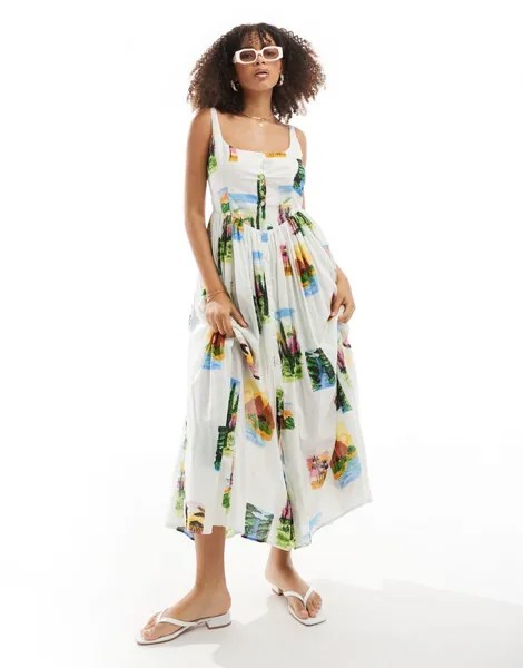 Сарафан миди для пикника из вуали с принтом открыток ASOS DESIGN