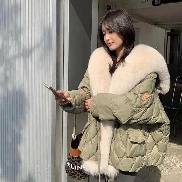 Женский пуховик на белом утином пуху, зимняя новая модная куртка в клетку со стразами, Женская Толстая парка со съемным меховым воротником, ...
