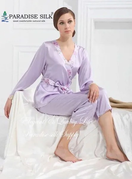 Женские пижамы набор 100% чистый из шелкового шармеза сиреневый пижамный комплект Размеры M, L, XL