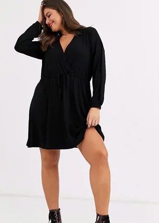Черное платье мини с длинными рукавами и запахом ASOS DESIGN Curve-Черный цвет