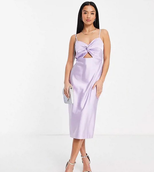 Сиреневое атласное платье-комбинация миди с декоративным вырезом Miss Selfridge Petite-Фиолетовый цвет
