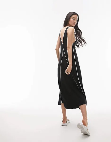Черное платье макси в рубчик из джерси Topshop с контрастом цвета слоновой кости