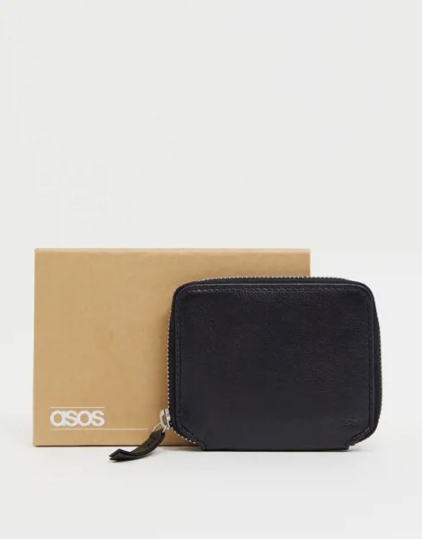 Кожаный бумажник на молнии ASOS DESIGN-Черный цвет