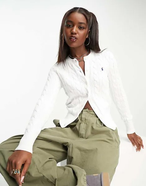 Белый хлопковый кардиган косой вязки с логотипом Polo Ralph Lauren