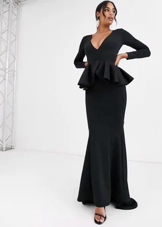 Черное платье макси с глубоким вырезом и длинными рукавами True Violet Black Label-Черный