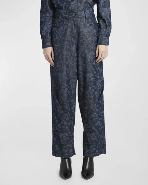 Джинсы широкого кроя из денима с цветочным принтом и люрексом Giorgio Armani, цвет Denim