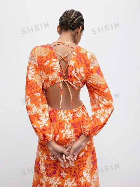 SHEIN Maija Женское модное платье с v-образным вырезом и вырезом на талии с завязками на талии, многоцветный