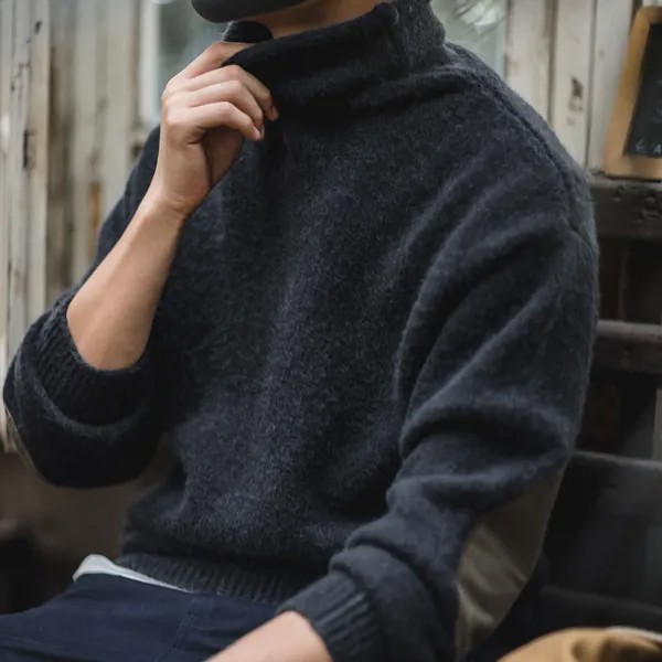 Мужской винтажный теплый мягкий мохеровый свитер Maden с воротником «хомут», зеленый, серый свитер с длинным рукавом и нашивкой на локтях