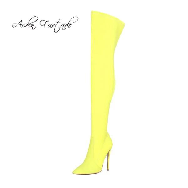 Arden/Модная женская обувь на меху, элегантные женские ботфорты на шпильке с заостренным носком, желтые Стрейчевые ботфорты 43