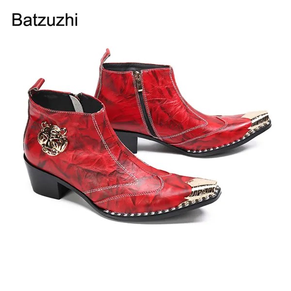 Ботинки Batzuzhi мужские ручной работы, Западная мода, заостренный Золотой металлический носок, кожаные полусапожки для мужчин, красные, для вечеринки, свадьбы