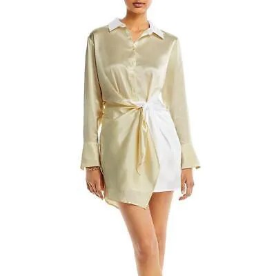Женское мини-платье-рубашка из атласа цвета слоновой кости цвета морской волны с завязками спереди, L BHFO 6267