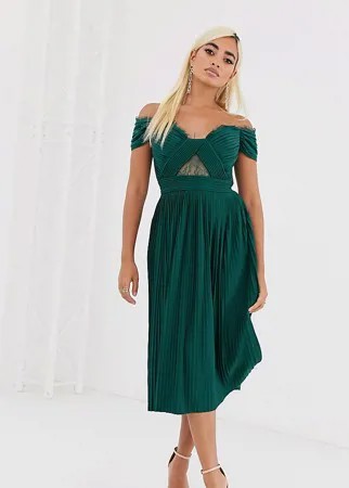 Платье миди с открытыми плечами, кружевом и плиссировкой ASOS DESIGN Petite-Зеленый цвет