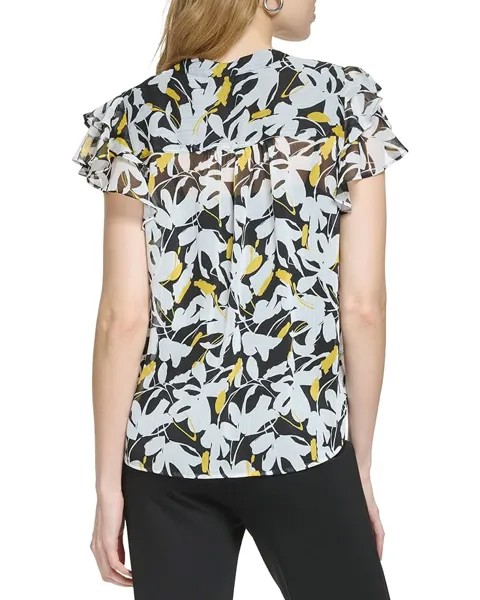 Блуза DKNY Short Sleeve Button Front Pleated Blouse, цвет Black/Pop Yellow Multi