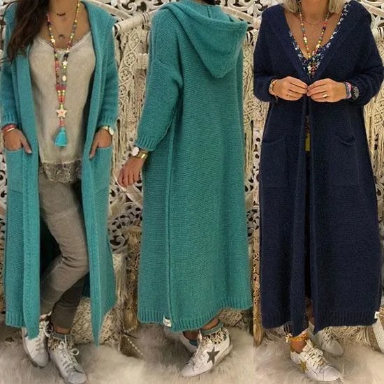 Женщины Длинные свитера с капюшоном Кардиган Вязаные овер-азеры Свитер Пальто Причинно-следственные мешковатые теплые пальто