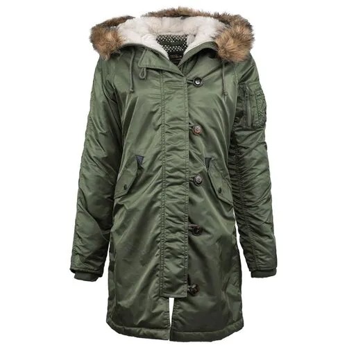 Парка  ALPHA INDUSTRIES зимняя, удлиненная, силуэт прилегающий, водонепроницаемая, утепленная, съемный мех, пояс/ремень, ветрозащитная, внутренний карман, карманы, несъемный капюшон, капюшон, отделка мехом, манжеты, регулировка ширины, размер L (46/48 РОС), зеленый