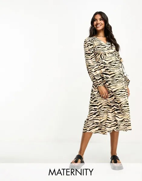 River Island — Коричневое платье миди с запахом и зебровым принтом