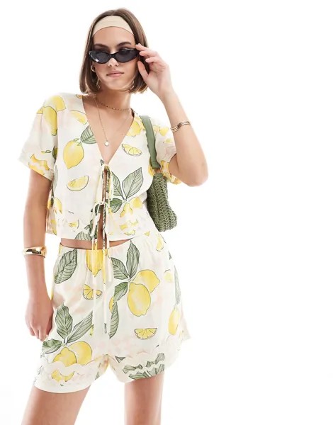 Шорты Asos Design Pull On With Rik Rak Trim In Lemon Print, желтый