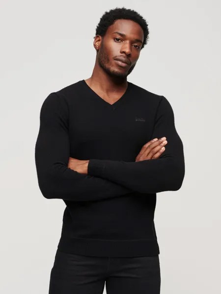 Джемпер Essential из смесовой шерсти с вышивкой и V-образным вырезом Superdry, черный