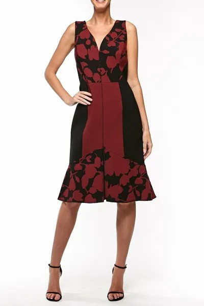 Черное малиново-красное платье миди OSCAR de la RENTA со швами и рифленым подолом 4 США