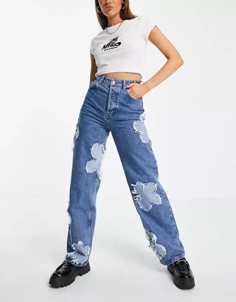 Синие оверсайз-джинсы Topshop Mom с цветочными вставками