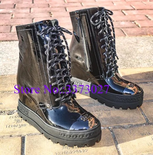 Женские повседневные ботинки на платформе, Черные полусапожки на танкетке 10 см с металлическим носком, со шнуровкой, на осень