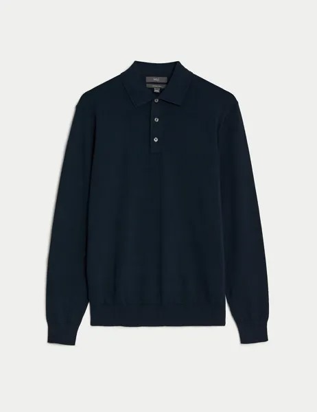 Трикотажная рубашка-поло из хлопка с богатым кончиком Marks & Spencer, темно-синий