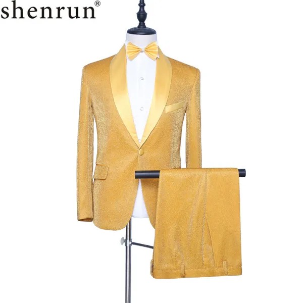 Shenrun мужской золотой смокинг, модный приталенный костюм жениха из 2 предметов, певица, барабанщик, вечерние костюмы для выпускного, для сцены...
