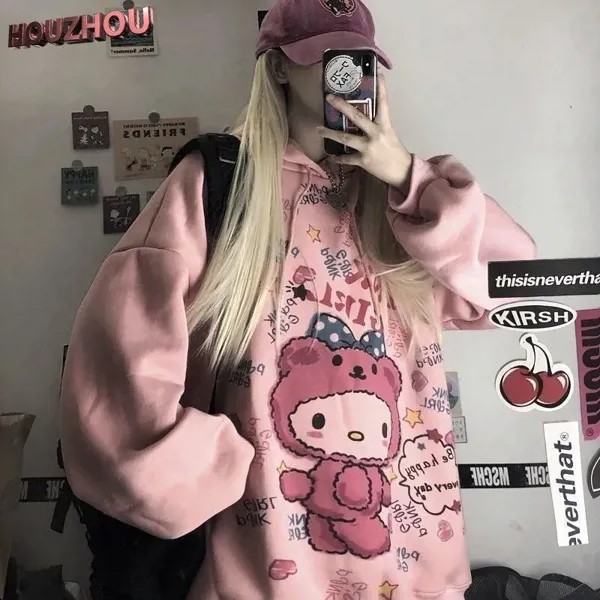 Kawaii Harajuku Толстовка для женщин Корейская толстовка Prining Толстовка Аниме Винтаж Розовый Овер сайз Толстовка Милая одежда Топы для девочек