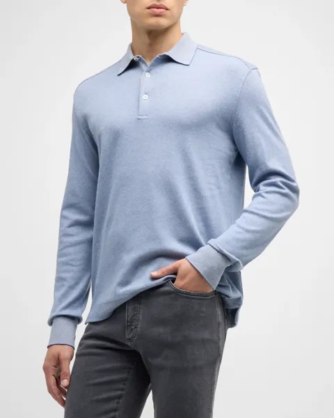 Мужская хлопковая рубашка-поло с кожаной отделкой ZEGNA, цвет Bright Blue Solid