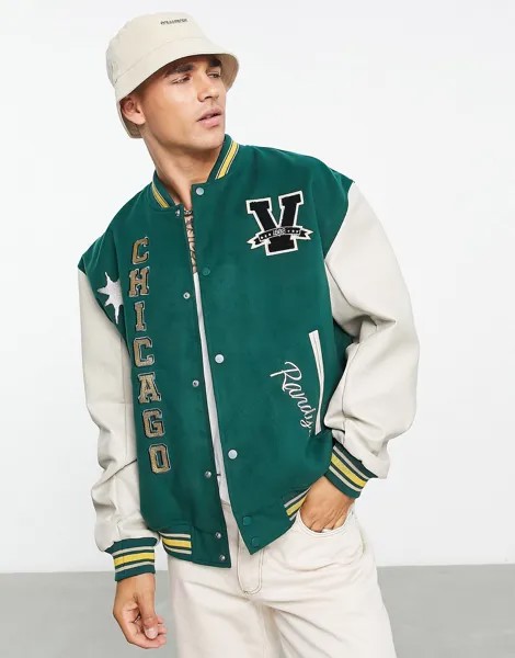 Зеленый оверсайз-бомбер с рукавами из искусственной кожи ASOS DESIGN
