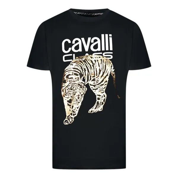 Черная футболка с большим золотым тигром и трафаретным логотипом Cavalli Class, черный