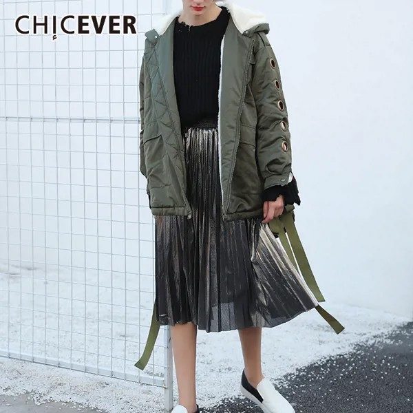 CHICEVER, однотонное хлопковое пальто для женщин, с капюшоном, с длинным рукавом, в стиле пэчворк, на шнуровке, с разрезом сзади, парки для женщин,...