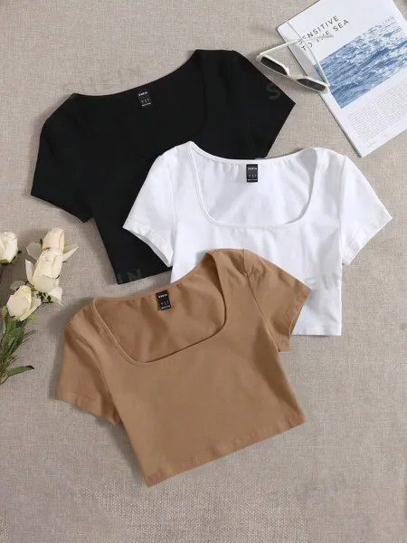 Футболка приталенная Shein Ezwear с круглым вырезом и короткими рукавами, песочный