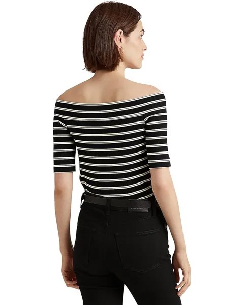 Футболка LAUREN Ralph Lauren Striped Off Shoulder Stretch Cotton Tee, цвет Polo Black/Mascarpone Cream