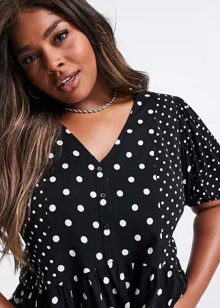 Черная блузка в белый горошек с баской Vero Moda Curve-Разноцветный