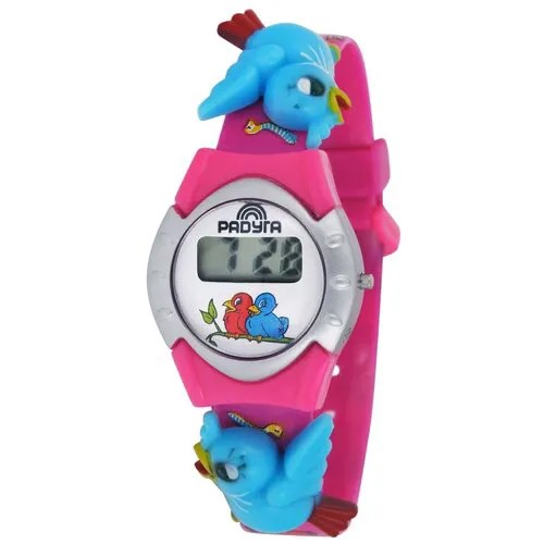 Наручные детские электронные часы Радуга 503 малиновые, птичка. В подарок для детей от 3 лет с коробочкой игрушкой.