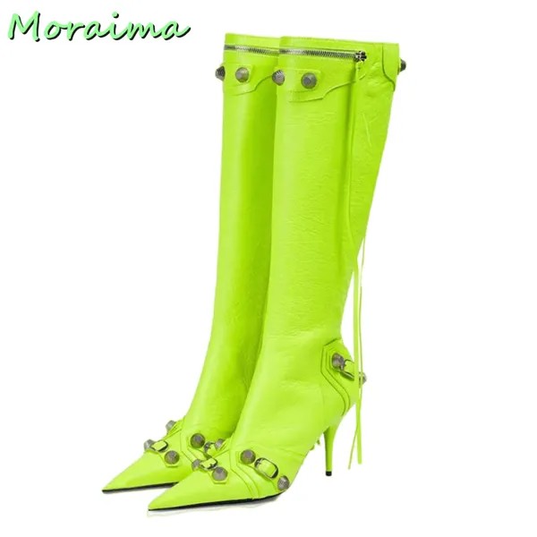 Женские сапоги с бахромой, декорированные металлическими пуговицами, высокие сапоги на шпильке, флуоресцентные зеленые однотонные сапоги ...