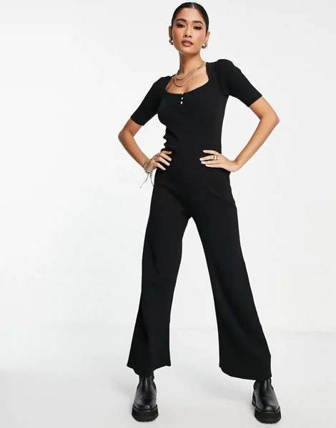 Вязаный комбинезон в рубчик с овальным вырезом и широкими штанинами Fashion Union-Черный цвет