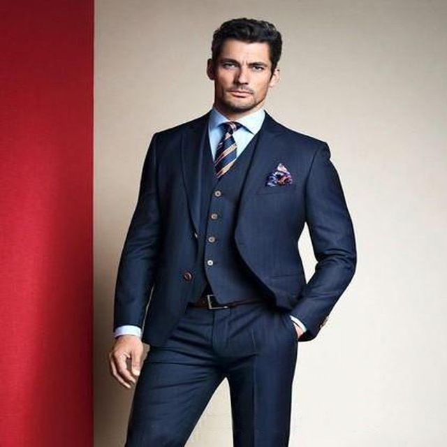 Новые весенние синий женихи смокинги Slim Fit Мужские свадебные костюмы мальчиков на двух пуговицах и разрезом сзади и с отворотом, 3 предмета ж...