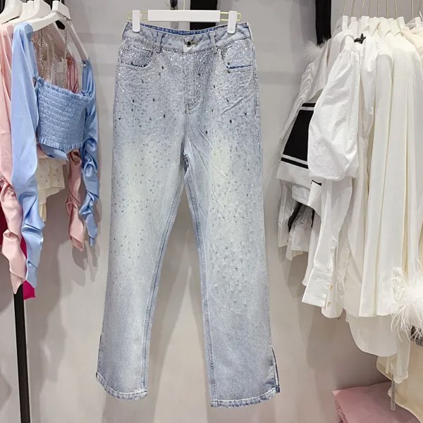 Женские джинсы с высокой талией, новые весенние прямые брюки с эффектом потертости, украшенные бисером, Y3516