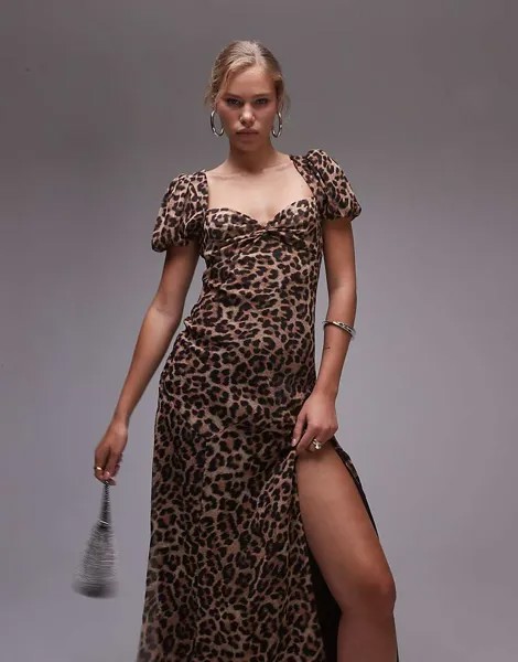 Платье для выпускного с оборками на рукавах и животным принтом Topshop