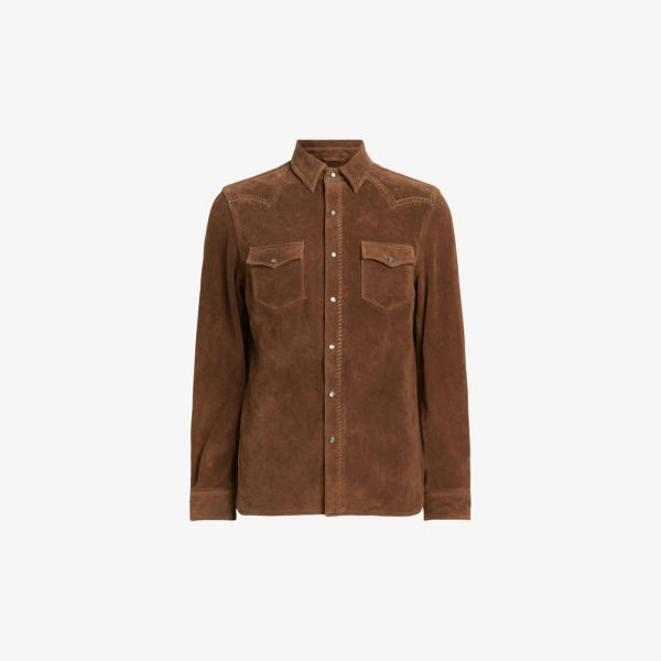 Замшевая рубашка классического кроя montana с вышивкой Allsaints, коричневый