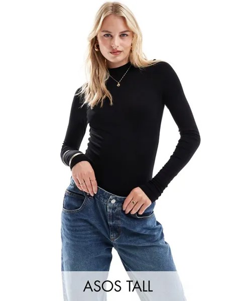 Черное боди с длинными рукавами и высоким воротником ASOS DESIGN Tall