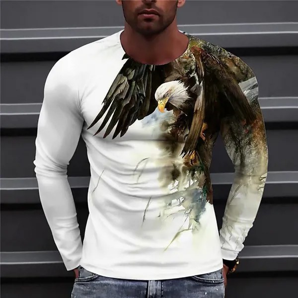 Мужской орел расписанный вручную узор Повседневные футболки с длинным рукавом Уличная одежда 3D-печать животных Хип-хоп Мужские топы Tee Plus Размер 6XL